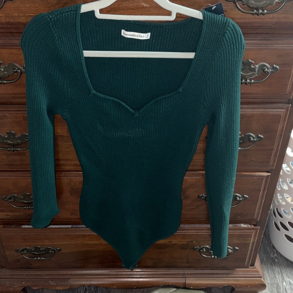Abercrombie & Fitch Dark Green Ribbed Square-Neck Sweater Bodysuit